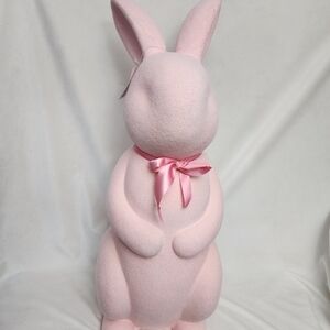 Pink Large Flock Plaster Bunny Figurine with Satin Bow 30"X10" Inches